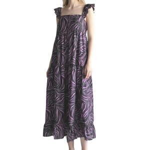 En Saison Size Small Midi Dress Tiger Print Purple Black Sleeveless Tiered